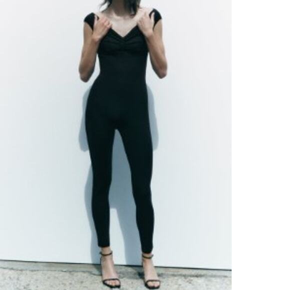 Zara Black Stretch Fit Off the Shoulder Leotard Bodysuit Jumpsuit Size Small - Picture 1 of 9